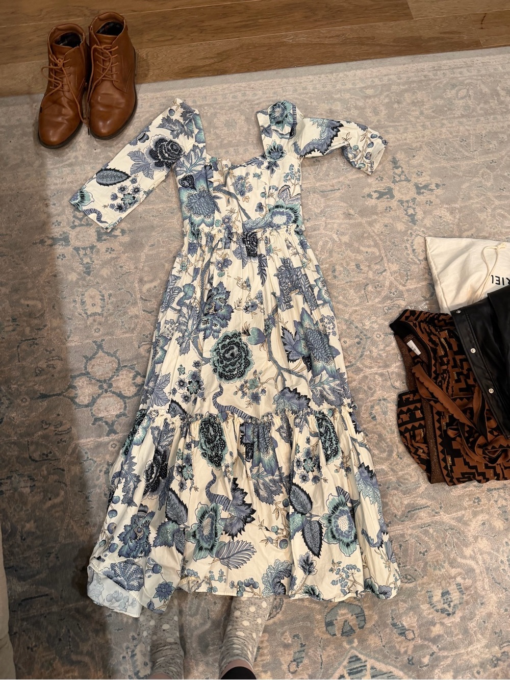 Cara Cara White Maxi Dress with Blue Floral Print